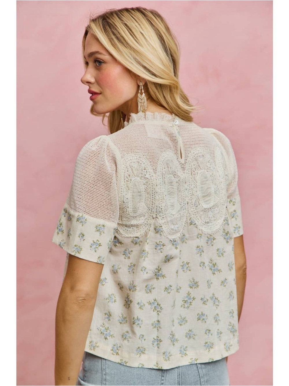 So Me BLUE FLORAL PRINT LACE TRIM COTTON BLOUSE TOP - Picture 9 of 10